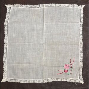 Vintage White Cotton Handkerchief With Pink Floral Embroidery & Lace Trim